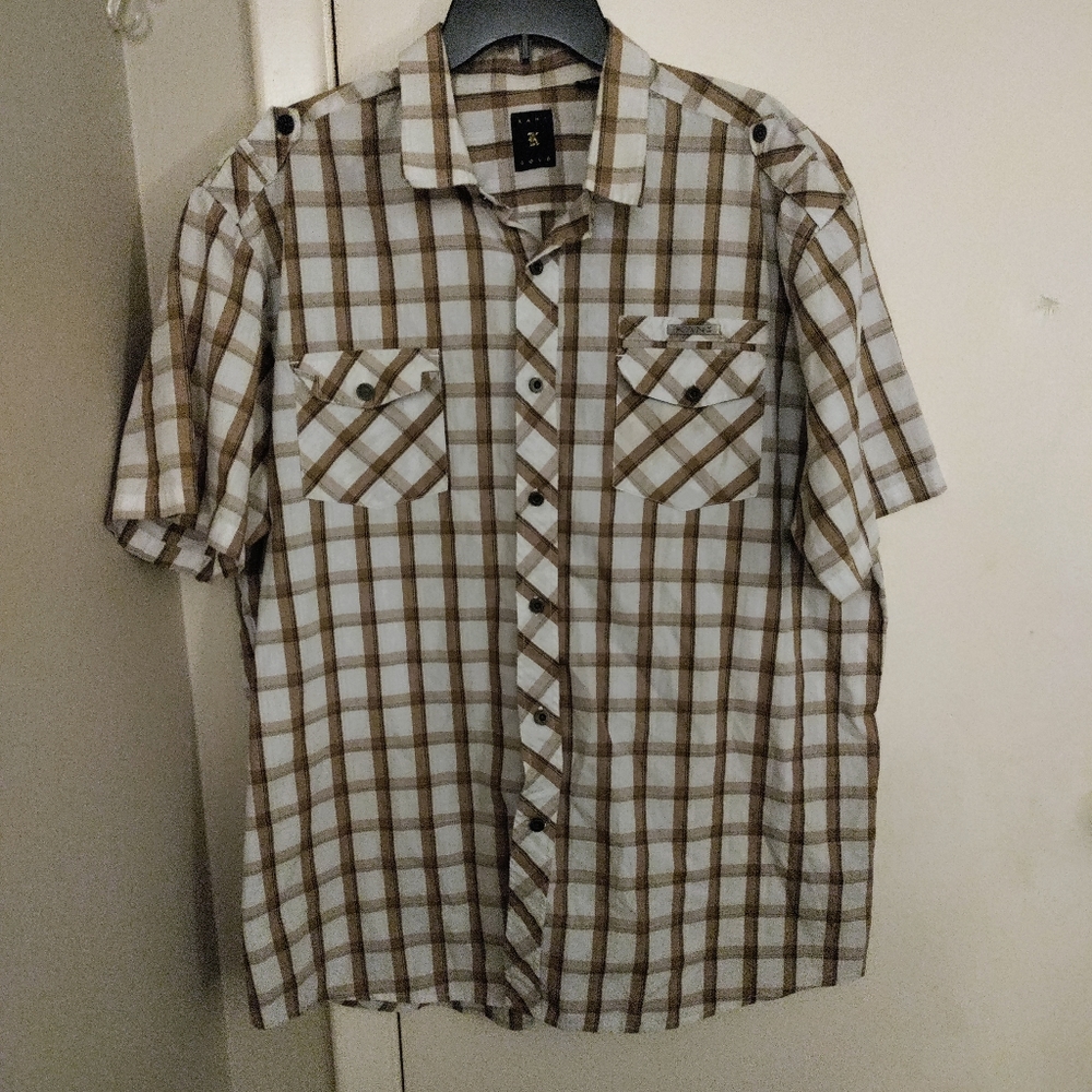 💸LAST CHANCE -KANI GOLD short sleeve beige plaid button down sz.2x-FINAL PRICE - Picture 1 of 4